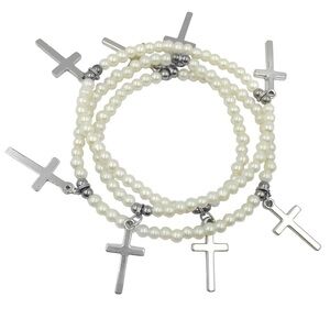 Imitation Pearl Stretch Wrap Christian Cross Dangle Charms Bracelet or Necklace